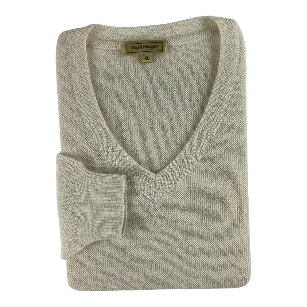 Paul Stuart Cream Mesh Knit Pure Alpaca Peru Mens V-Neck Sweater XL Ivory